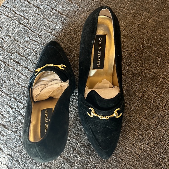 Vintage Colin Stuart black suede gold accent buckle loafer style heels pumps 7.5 - Picture 10 of 16